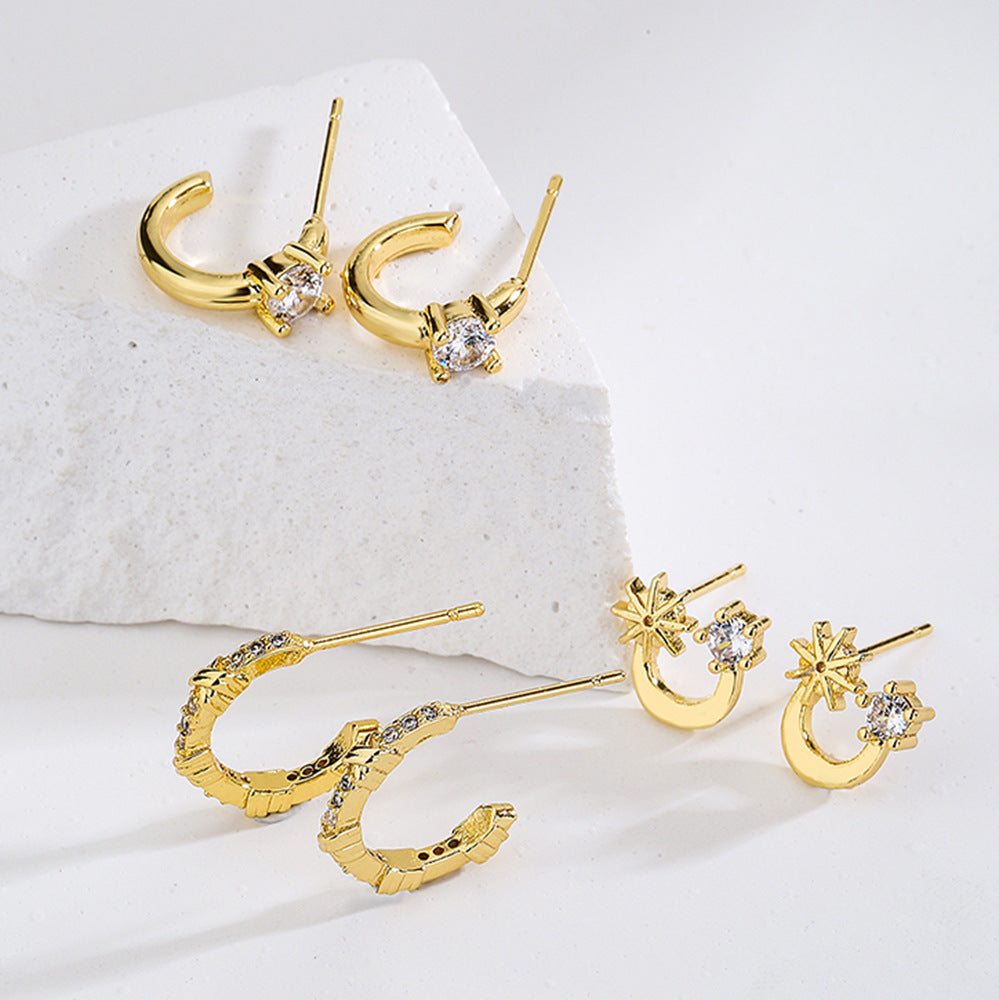 Minimalist Geometric Copper Earrings with 18K Gold Plating and Zircon Accents for Women