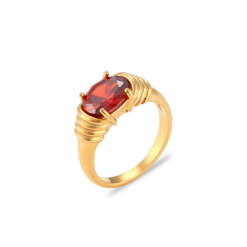 Anello ovale minimalista alla moda con zirconi in acciaio inossidabile con finitura placcata da donna