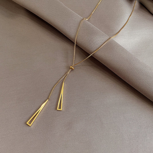 Geometric Triangle Pendant Titanium Steel Plated Long Sweater Chain with Tassel Detail for Women