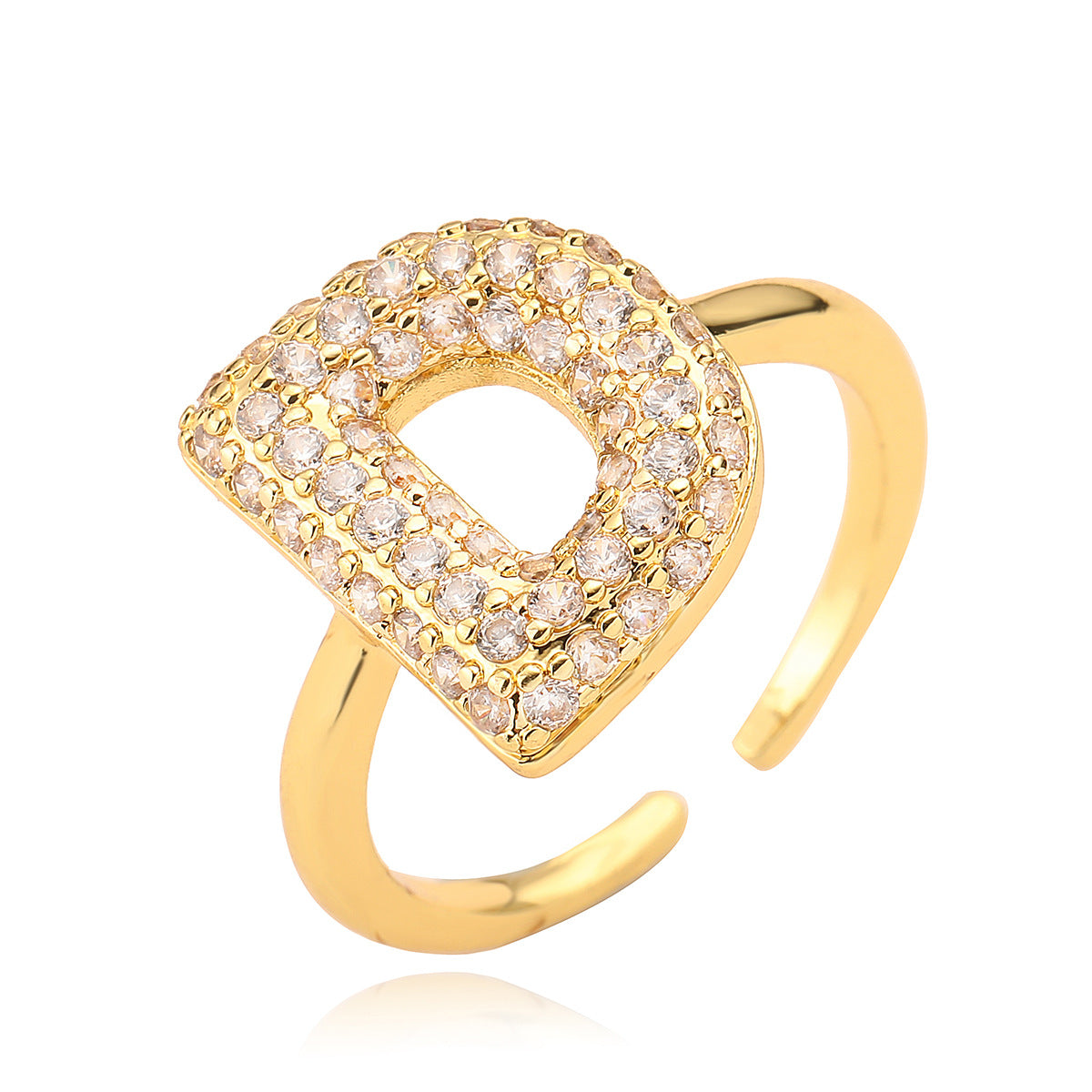 Anillo de cobre minimalista de forma geométrica con letras, chapado en oro de 18K y detalles de circonita para mujer