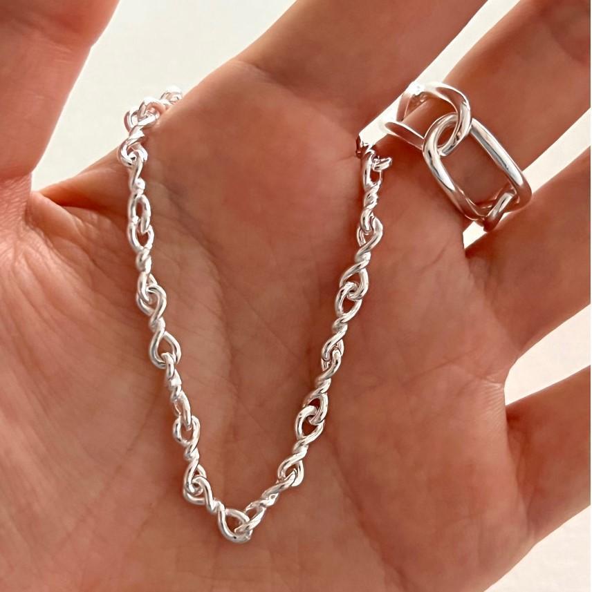 Minimalist Folded Fine Beaded Silver Bracelet for Women S925 Sterling Silver with Rope Knot Detail