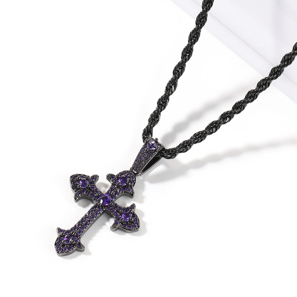 Collar de latón con incrustaciones de circonita cúbica en forma de cruz geométrica estilo Hip-hop para hombre