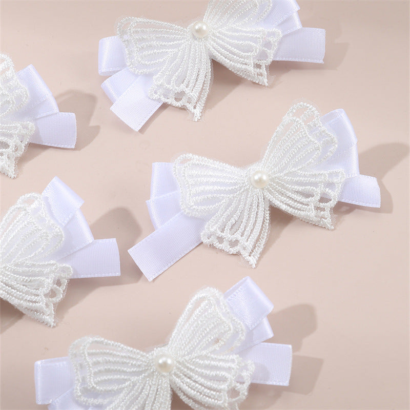 Set de Pinzas de Pelo con Lazos Bordados de Organza Blanca Minimalista para Niñas con Detalles de Perlas