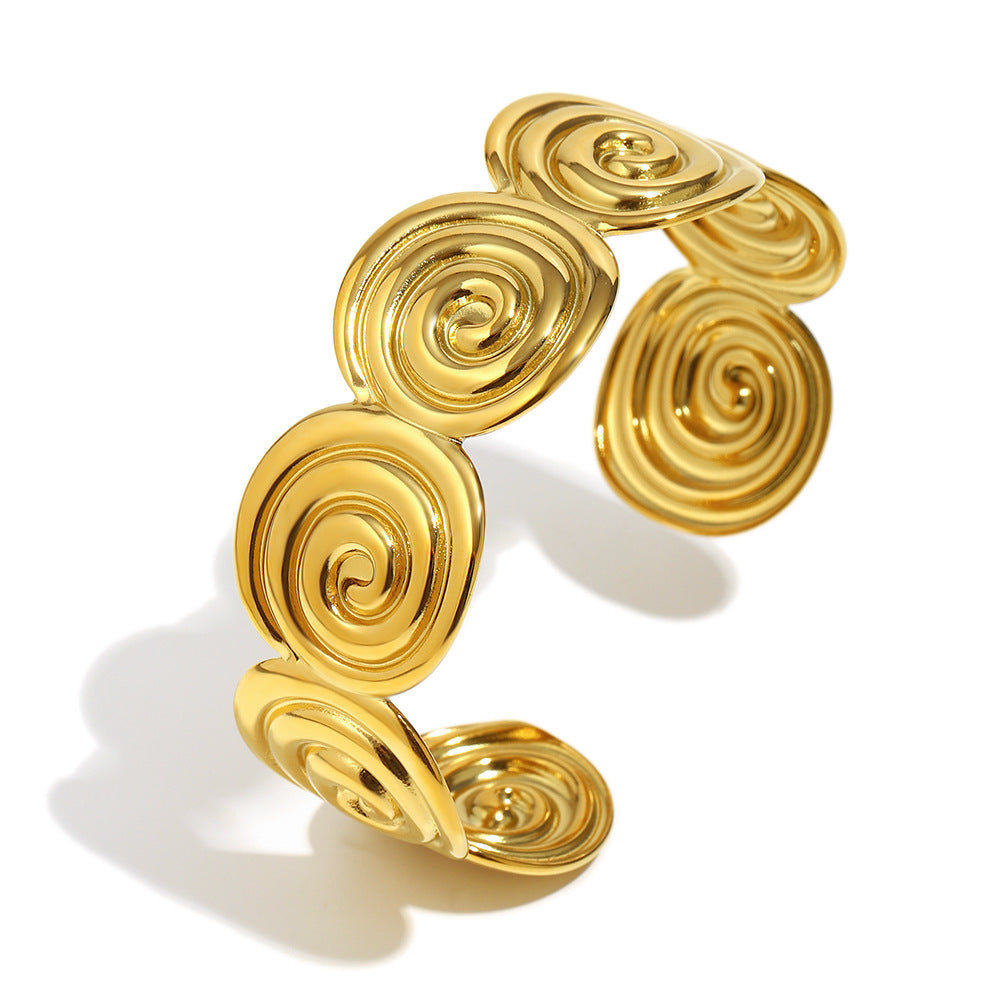 Minimalist Geometric Stainless Steel Plated 18K Gold Spiral Cuff Bracelet for Women