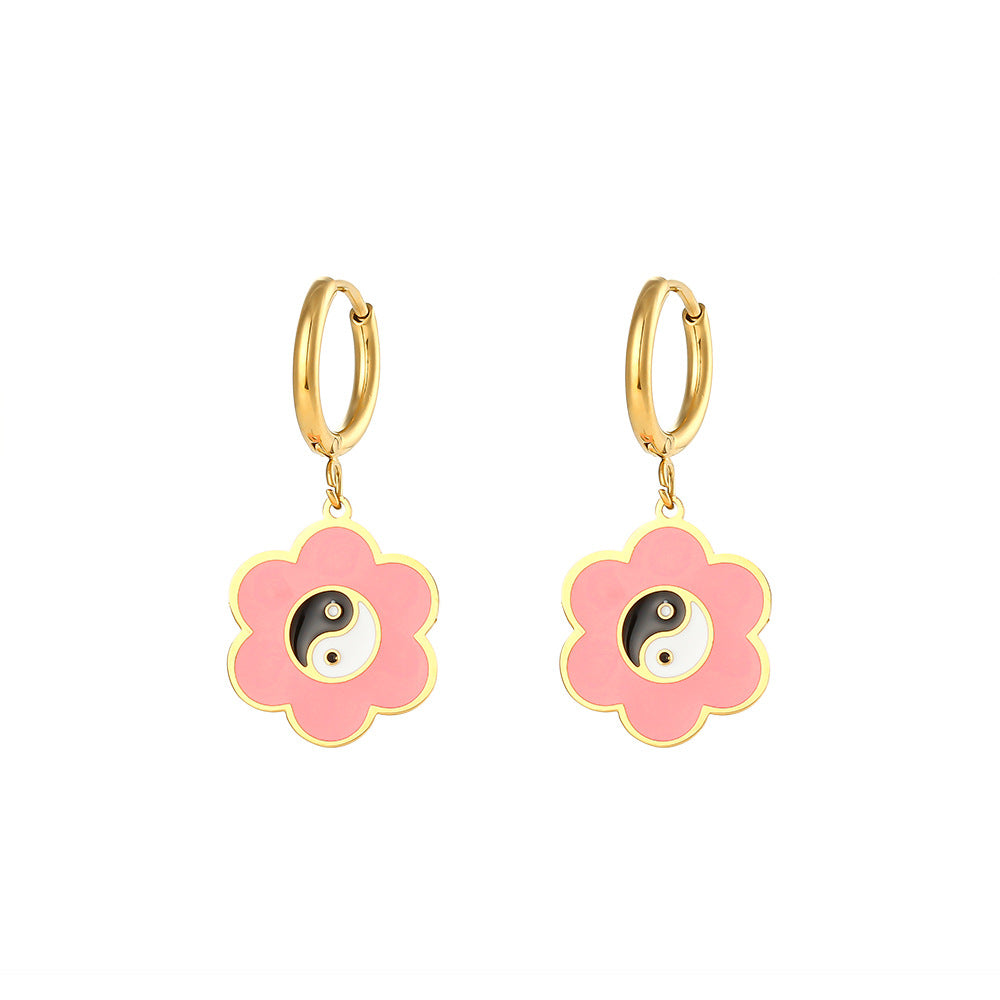 Fashionable Geometric Wheel-Shaped Stainless Steel Earrings with 18K Gold Plating and Enamel Coloring for Women