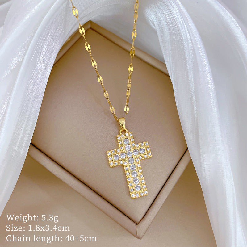 Collana con ciondolo a croce di lusso in acciaio al titanio con strass, catena alla clavicola geometrica unisex