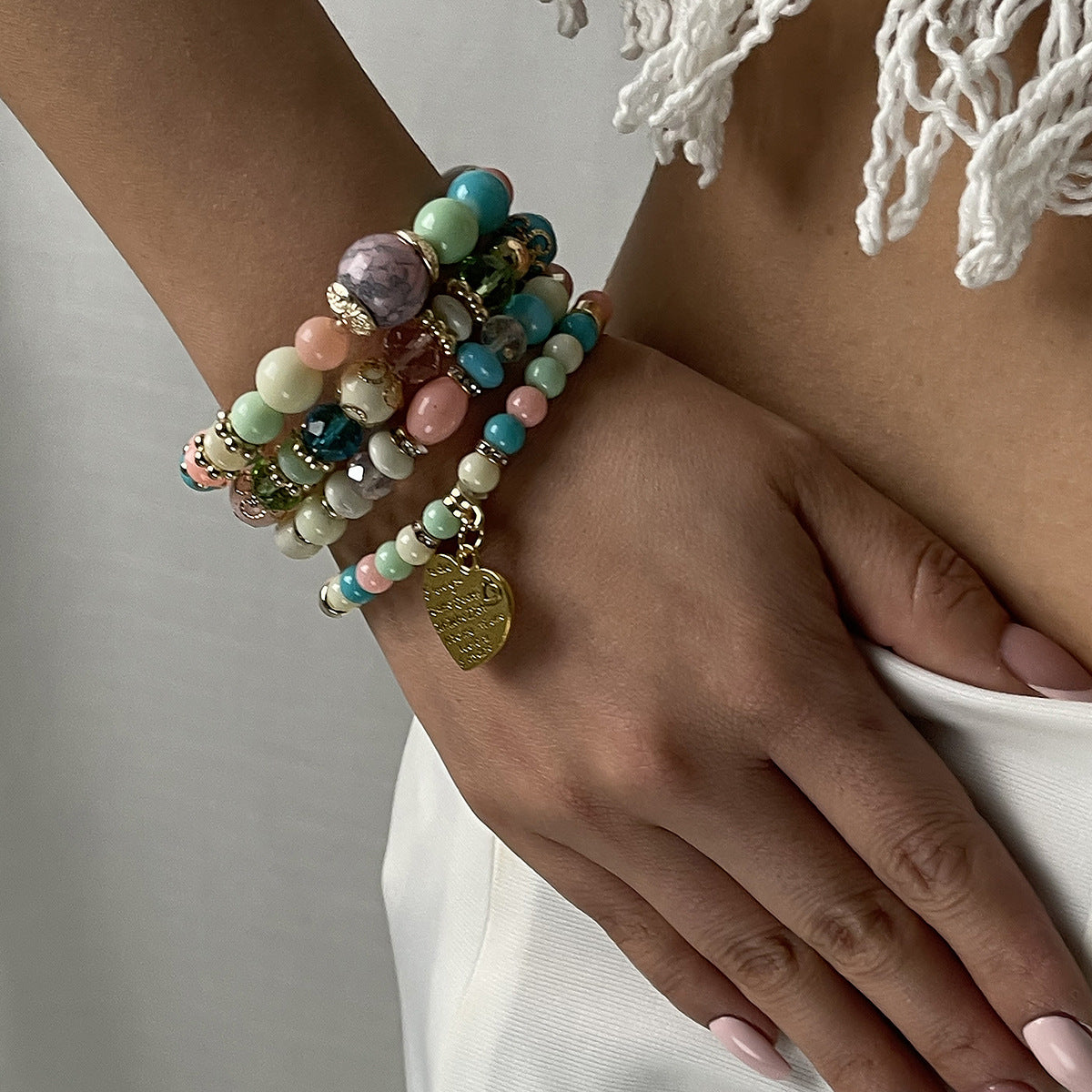Bohemian Style Heart-Shaped Alloy Beaded Stretch Bracelet with Plated Finish