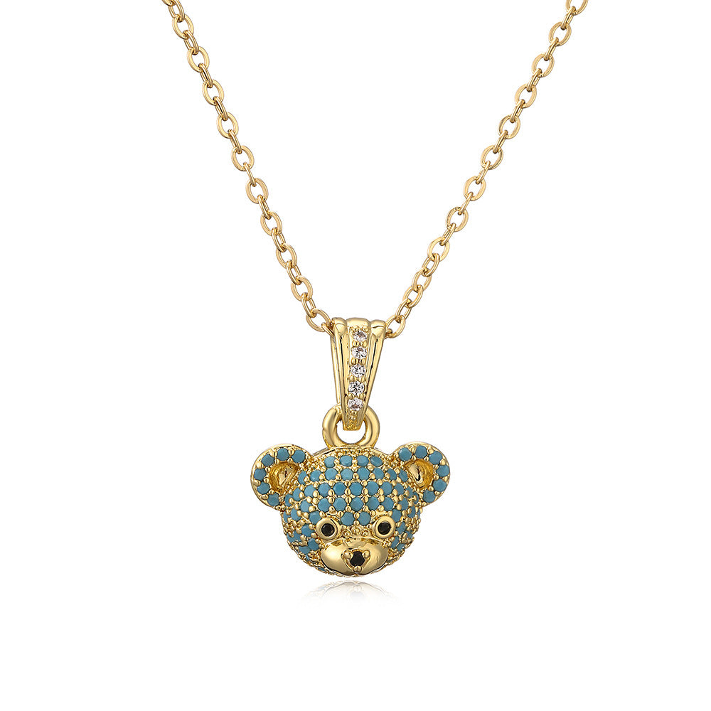 Cute Bear Pendant Necklace for Women in Copper with 18K Gold Plating and Full Zircon Inlay, Minimalist Style Locket Chain