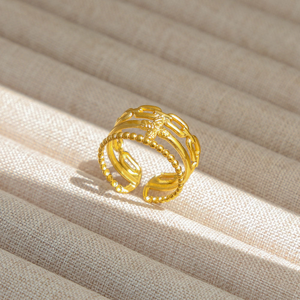 Anello Aperto Regolabile da Donna in Acciaio Inossidabile Stile INS Vintage, Geometrico e a Cuore, con Intarsio in Pietra Naturale, Elegante e Minimalista