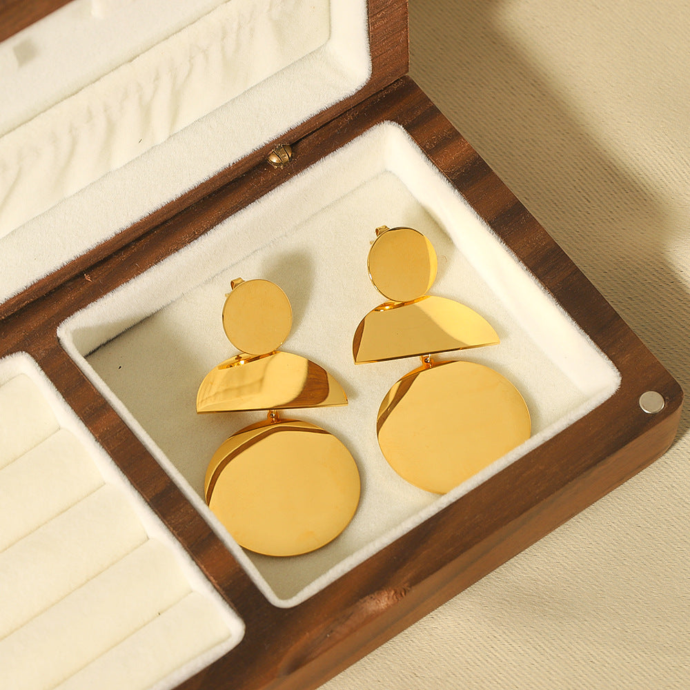 Geometric Round Stainless Steel Earrings with 18K Gold Plating for Women — Bold Metallic Statement Earrings
