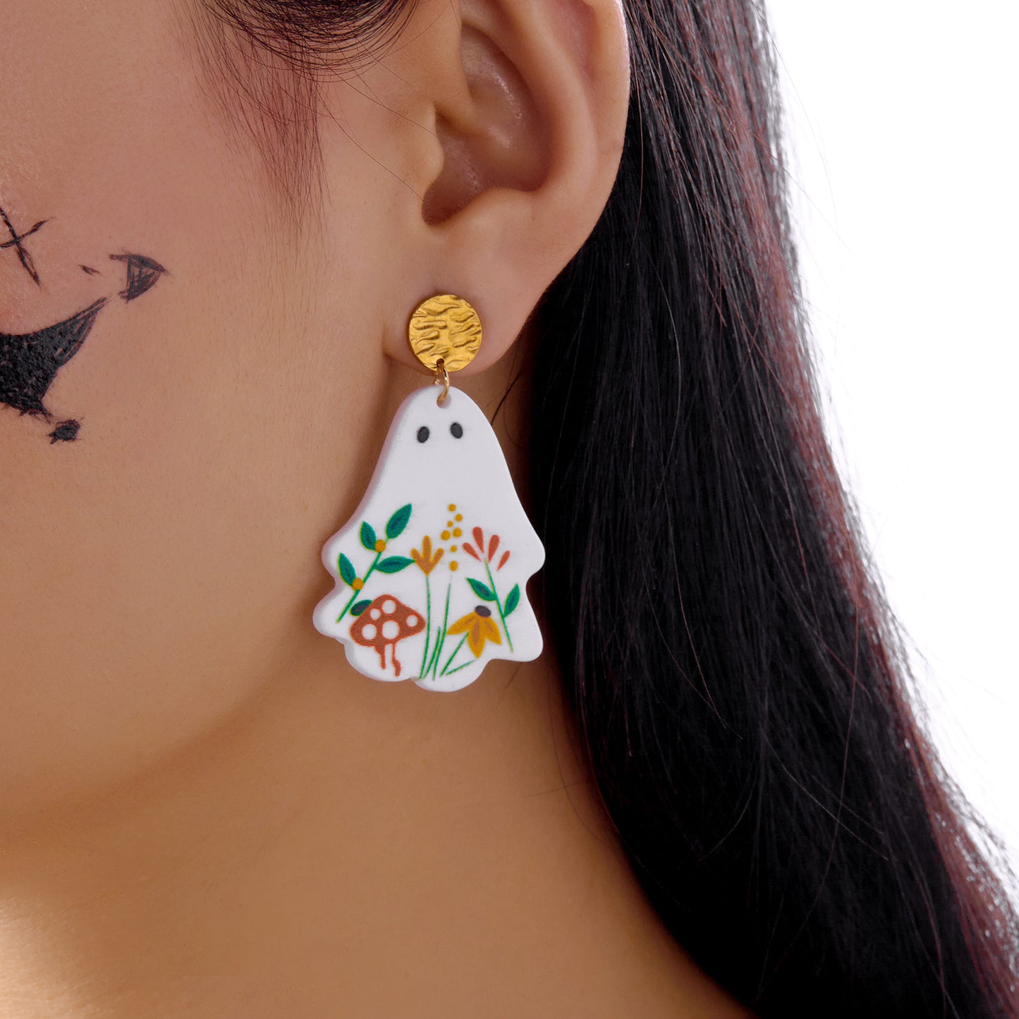 Pendientes acrílicos juguetones de fantasma y calavera florales de Halloween para mujer con diseño calado geométrico