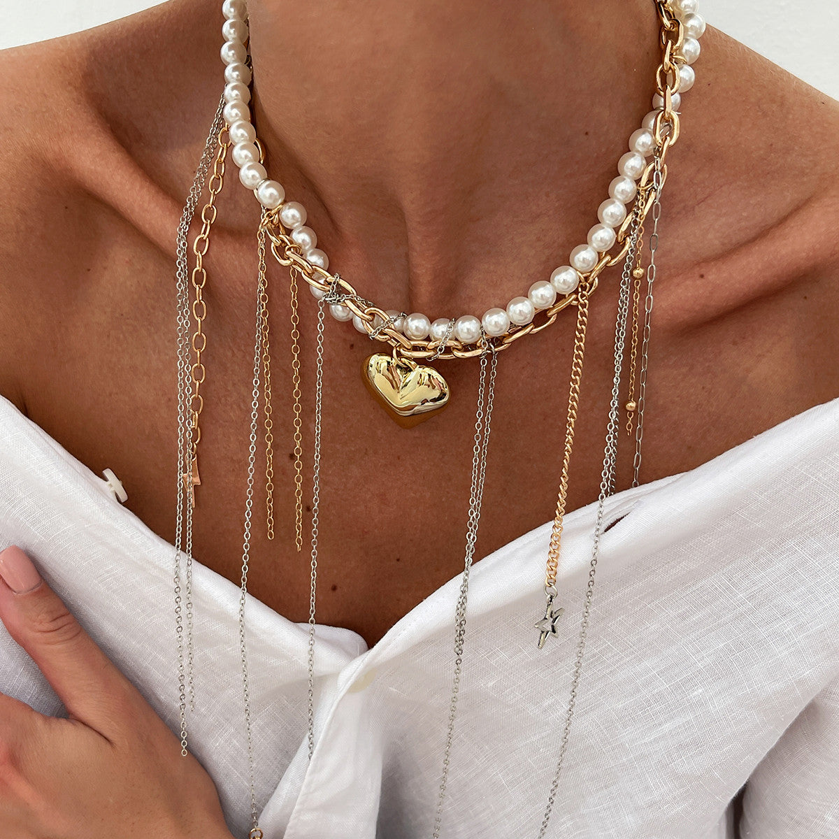 Minimalist Heart Geometric Pearl Pendant Plated Alloy Necklace with Tassel for Women