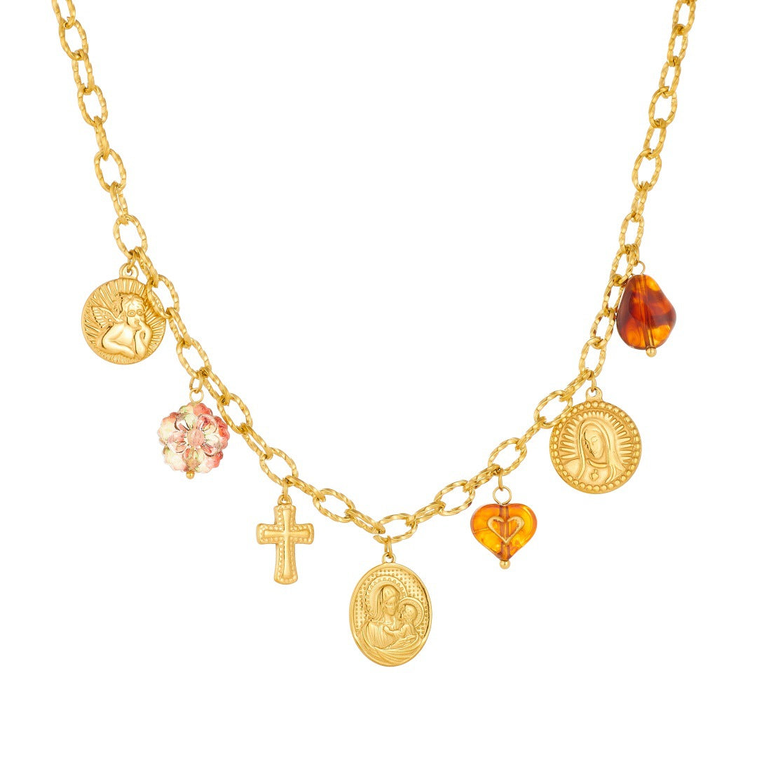 Vintage Luxury Gold Plated Stainless Steel Cross Heart Round Relief Portrait Roman Numeral Pendant Necklace Bracelet Set with Cable Chain for Women