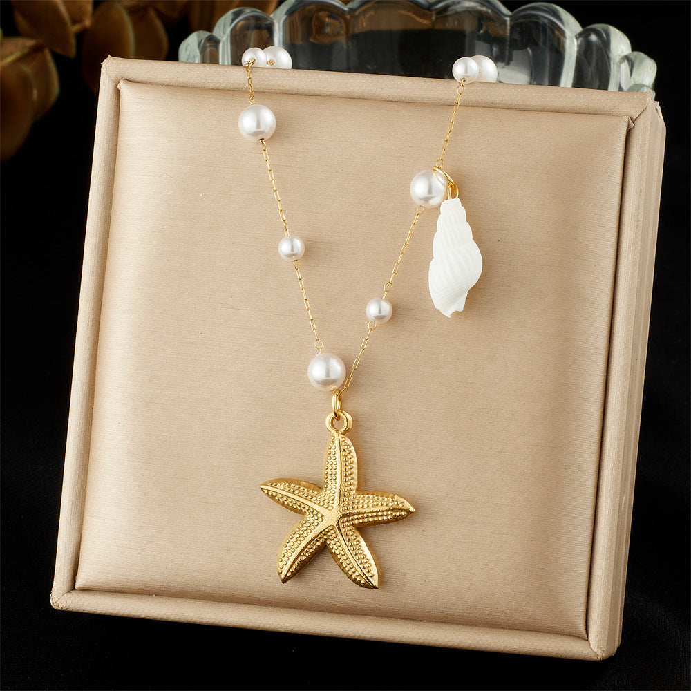 Minimalist Gold Plated Stainless Steel Star Shell Pendant Necklace for Women