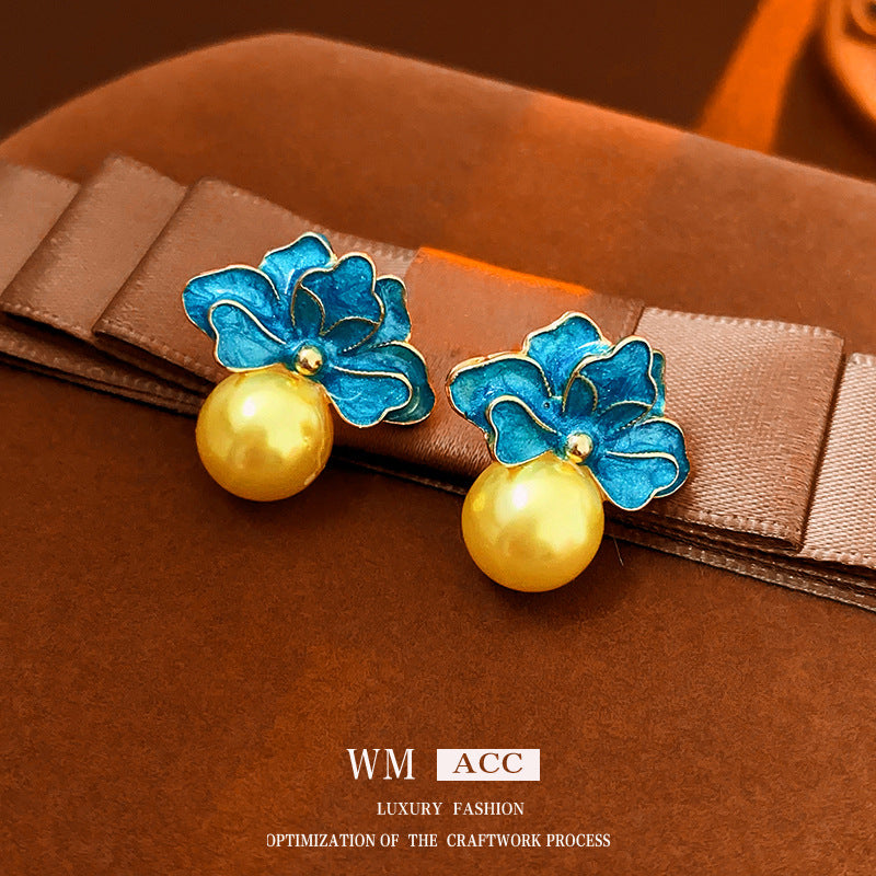 Vintage Floral Earrings with Enamel Finish and Pearl Accents in Alloy, French Retro Style Women's Fashion Ear Studs