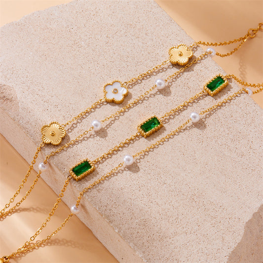 Pulsera de cadena veneciana de acero inoxidable chapado, estilo informal de negocios vintage, con detalles cuadrados y florales