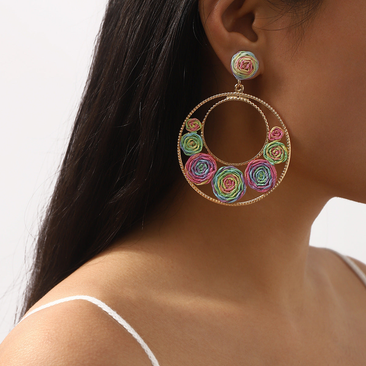 Pendientes de rafia con diseño geométrico y base de aleación para mujer, joyería artesanal llamativa