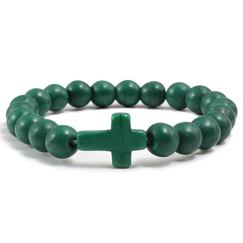 Natural Turquoise Cross Beaded Bracelet 8mm Round Stone Unisex Handmade Jewelry