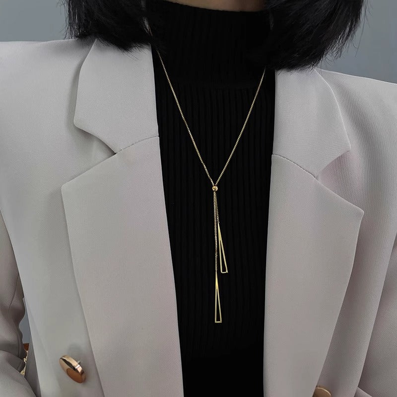Geometric Triangle Pendant Titanium Steel Plated Long Sweater Chain with Tassel Detail for Women