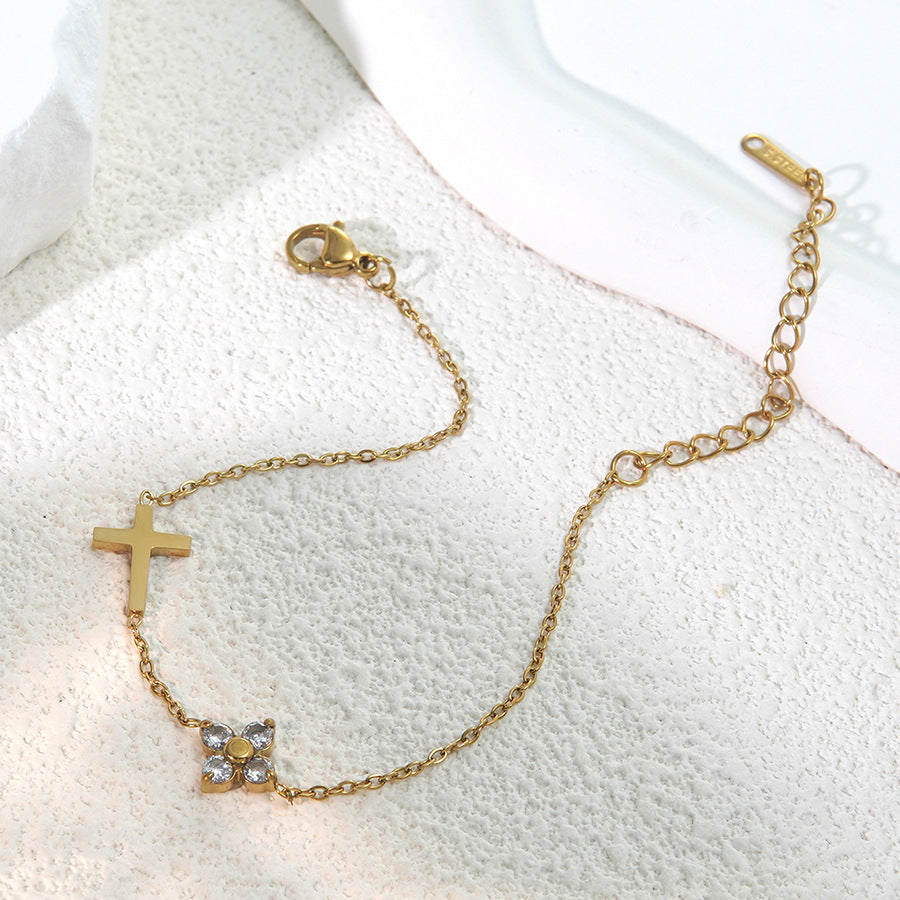 Bracciale da donna in Acciaio Inossidabile Placcato, Elegante, Minimalista, a Croce Floreale con Zirconi Cubici