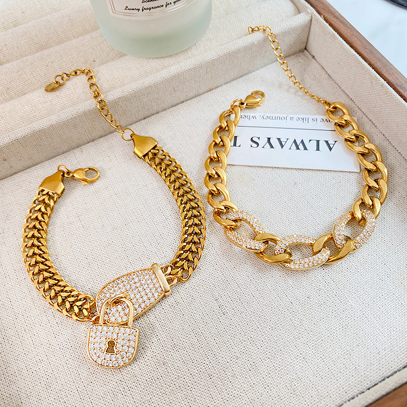 Rhinstone Inlaid Titanium Steel Cuban Link Chain Bracelet