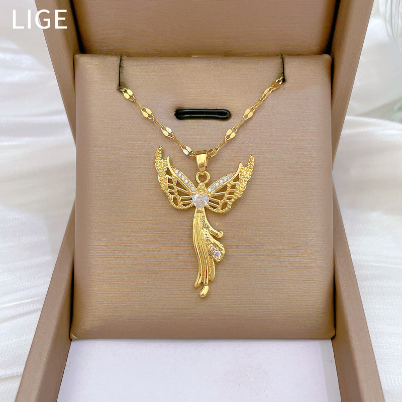 Luxury Titanium Steel Geometric Eagle Pendant Necklace for Women with Rhinestone Inlay, Adjustable Titanium Steel Chain, Elegant Clavicle Jewelry