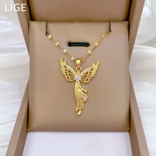 Collar de lujo de acero de titanio con colgante geométrico de águila para mujer con incrustaciones de diamantes de imitación, cadena ajustable de acero de titanio, elegante joya para la clavícula