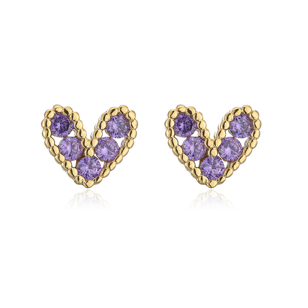 Minimalist 18K Gold Plated Brass Heart Stud Earrings with Cubic Zirconia for Women