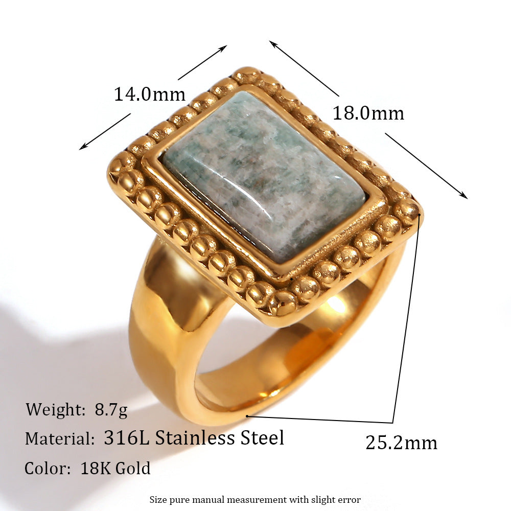 Anello Geometrico in Acciaio Inossidabile d'Ispirazione Vintage con Placcatura in Oro 18K e Accento a Goccia in Pietra Naturale