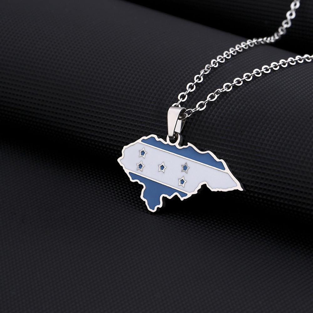 Collana con ciondolo a mappa e bandiera dell'Honduras etnica vintage geometrica in acciaio inossidabile con ciondolo in acciaio al titanio e finitura galvanizzata su catena a O