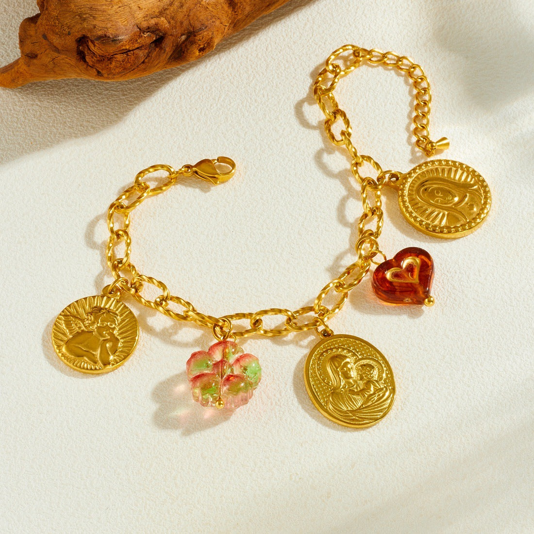 Vintage Luxury Gold Plated Stainless Steel Cross Heart Round Relief Portrait Roman Numeral Pendant Necklace Bracelet Set with Cable Chain for Women