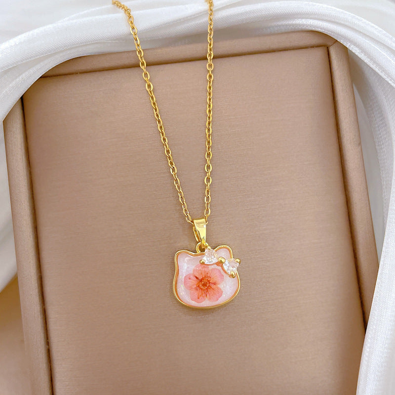 Sweet Geometric Butterfly Floral Resin and Brass Rhinestone Pendant Necklace with Titanium Steel Cable Chain