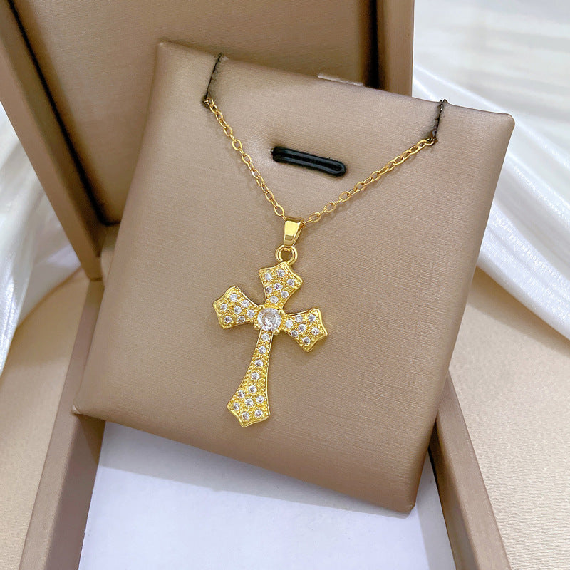 Luxury Stainless Steel Cross Pendant Necklace with Rhinestone Inlay for Women, Geometric Shape, Minimalist Style, Adjustable Length Locket Chain