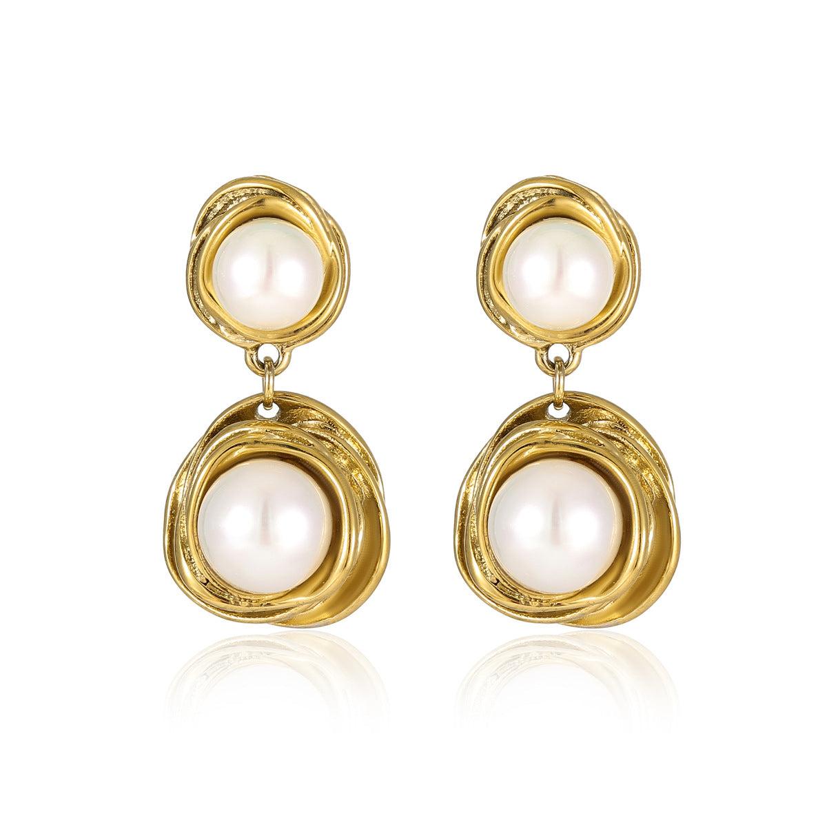 Orecchini tondi a spirale in acciaio inossidabile placcati oro 18 carati con perle intarsiate, stile vintage, da donna