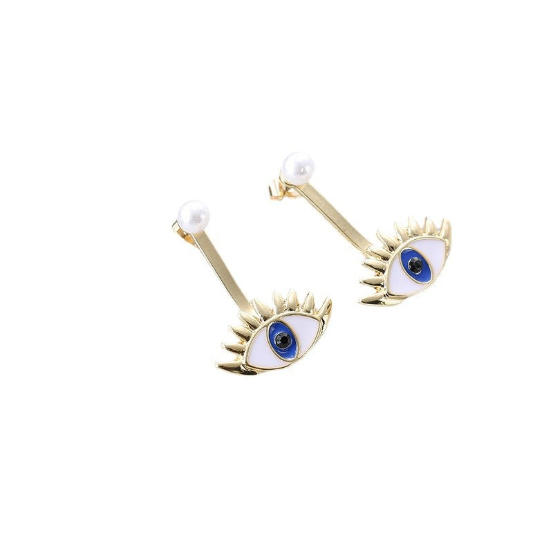 Exaggerated Evil Eye Pendant Alloy Earrings with Blue Enamel Eyes and Pearl Accents for Women