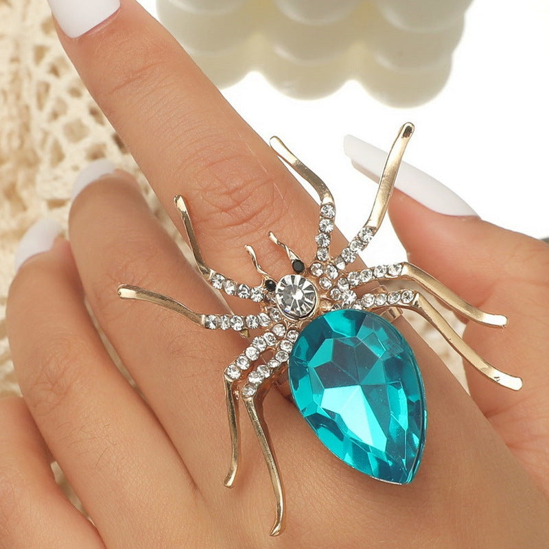 Sweet-Edgy Spider-Shaped Alloy Ring with Rhinestone Inlay Adjustable Fashion Jewelry for Women