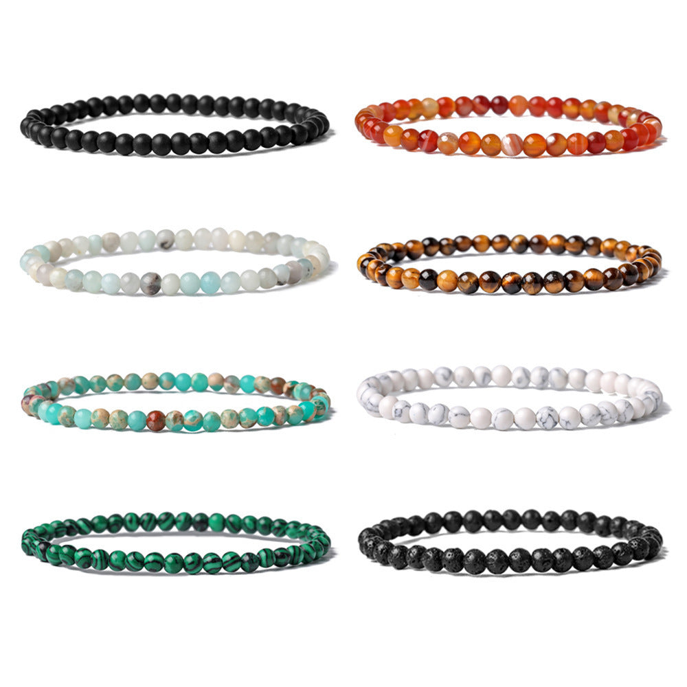 4mm Natural Stone Beaded Bracelet Tiger Eye Red Agate Black Matte Volcanic Rock Elastic Animal Charm