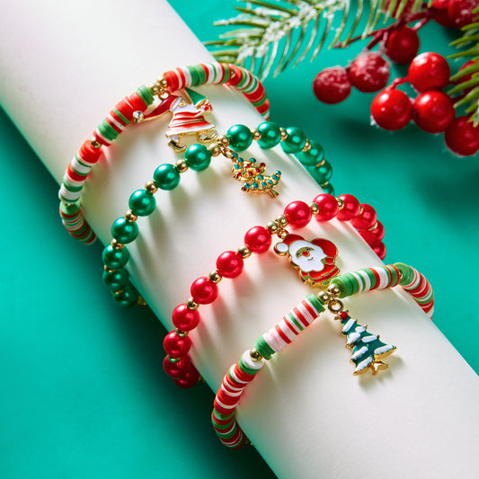 Juego de pulseras elásticas Fashion-Commuter con cuentas de arcilla polimérica con dijes de Papá Noel, copos de nieve y renos para mujer