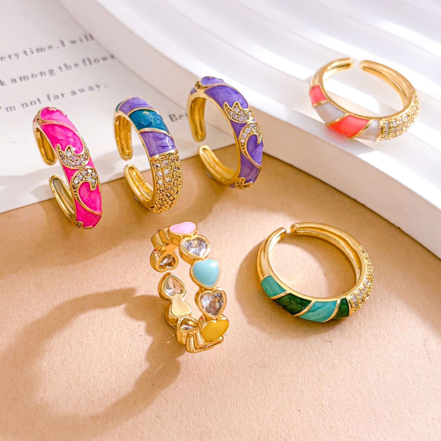Minimalist Colorful Heart Drip Oil Gold Plated Brass Adjustable Ring for Women