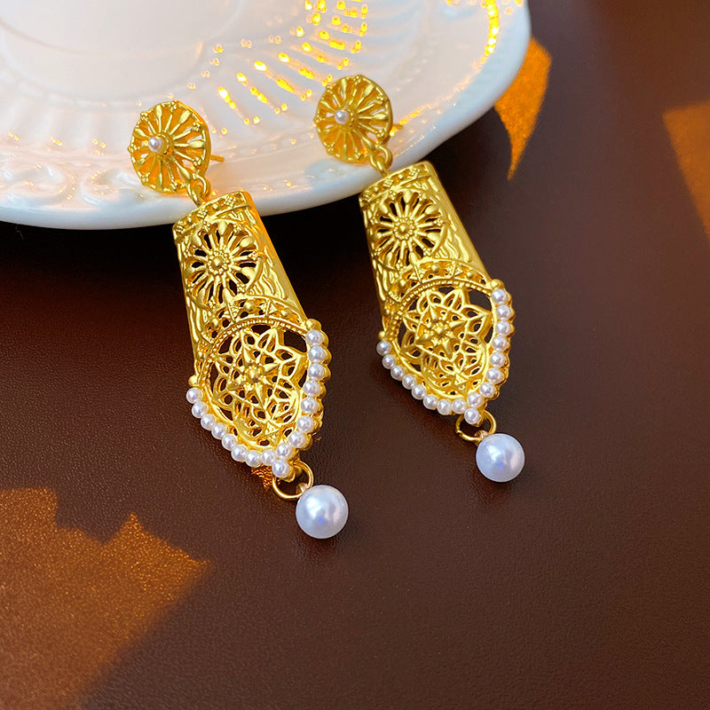Vintage Floral Hoop Earrings with Pearl Accents in Alloy with Silver-Plated Steel Posts for Women