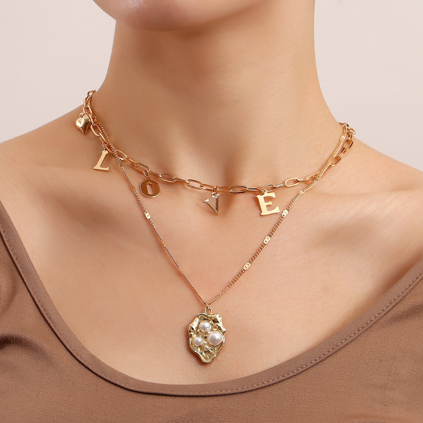 Minimalist and Bold LOVE Letter Layered Necklace with Pearl Pendant in Alloy with Plated Finish