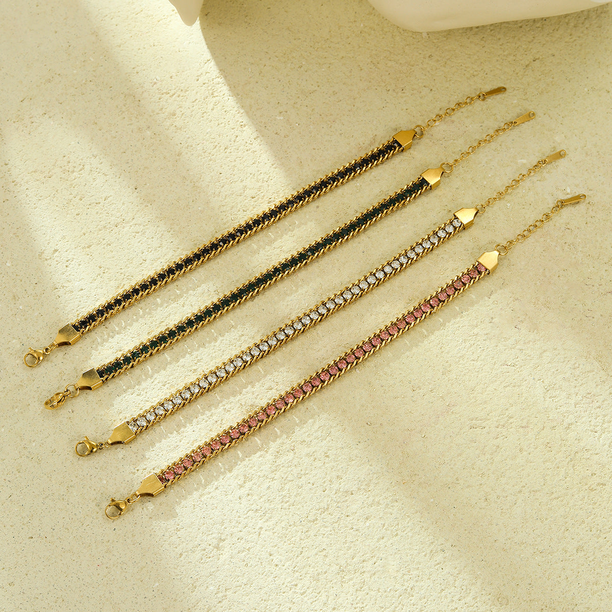 Minimalist Stainless Steel Bracelet with Titanium Steel Base, 18K Gold Plated Finish, and Colorful Zircon Inlay for Women