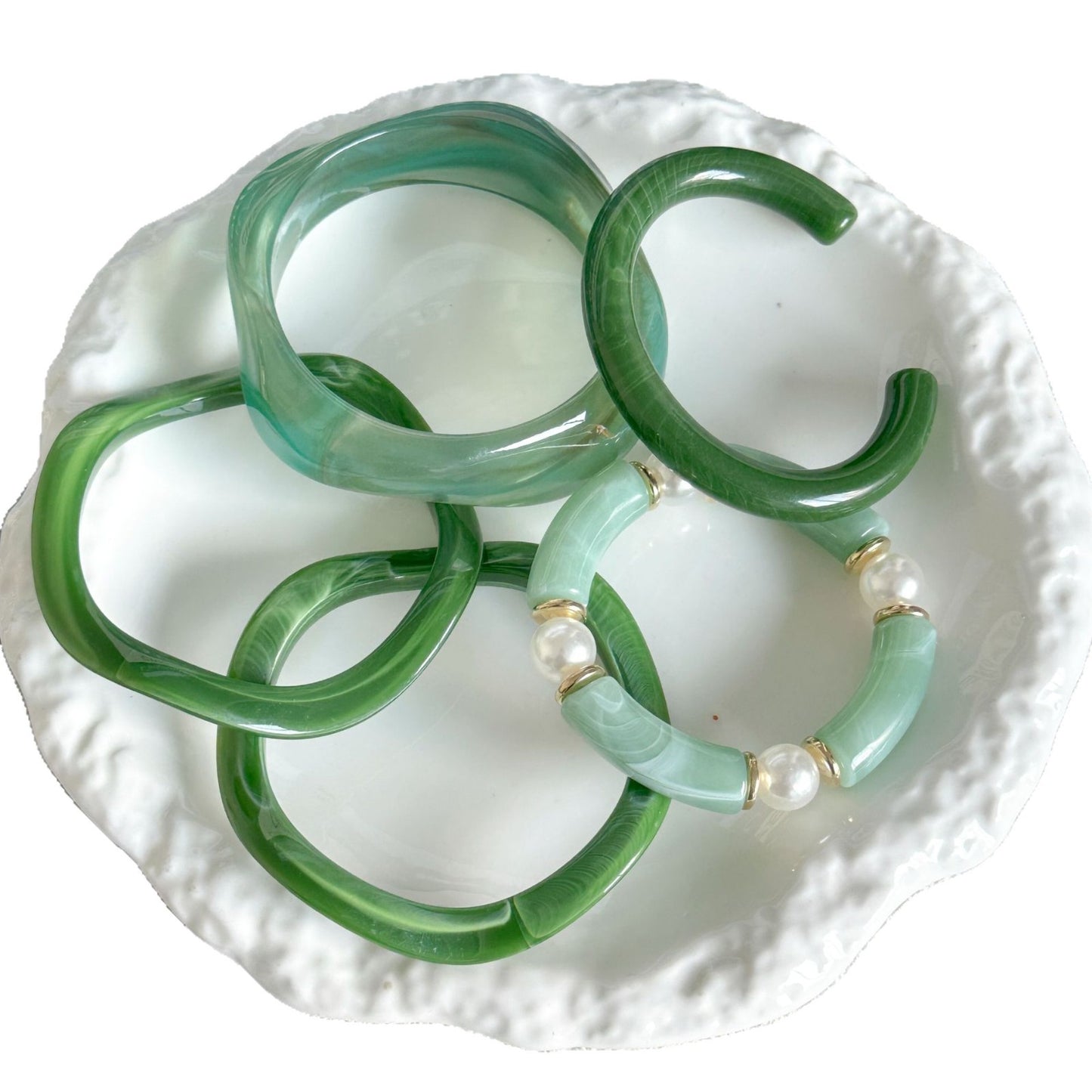 Vintage Green Acrylic Drip Oil Bracelet Set Geometric Round Square Design