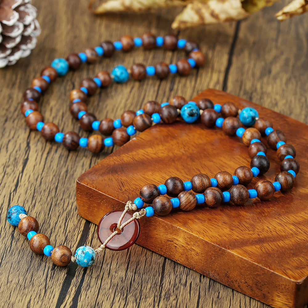 Vintage Geometric Round Wood Acrylic Beaded Necklace Cable Chain Unisex