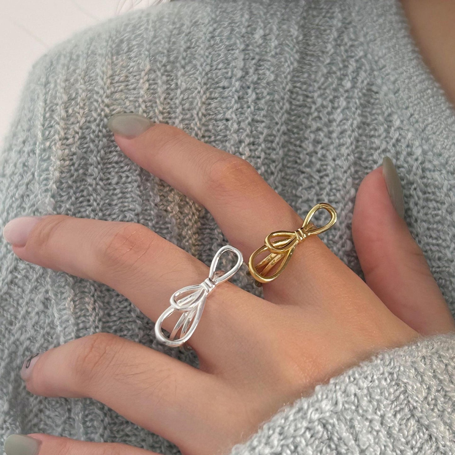 Minimalist Sweet 925 Sterling Silver Heart Bow Open Ring for Women