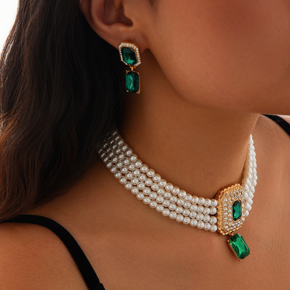 Luxury Multi-Layer Geometric Imitation Pearl Necklace and Earring Set with Triangle and Heart Charms for Women