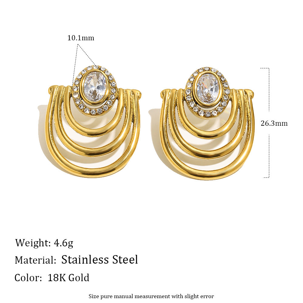 Elegant Minimalist 18K Gold Plated Stainless Steel Geometric U-Shape Cubic Zirconia Stud Earrings for Women
