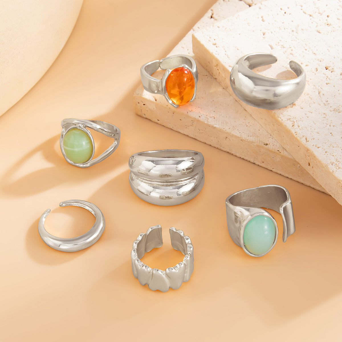 Minimalist Luxury Geometric Alloy Plated Acrylic Inlay Open Ring Set for Women