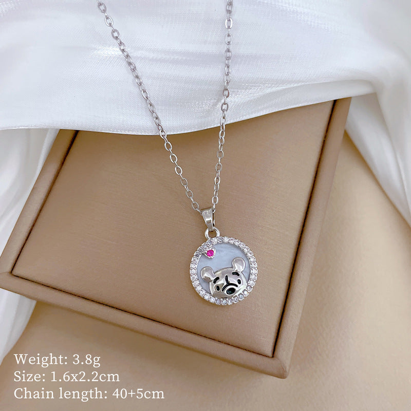 Luxury Rhinestone-Encrusted Bear Pendant Necklace in Titanium Steel with Enamel Finish Geometric Design for Women and Men