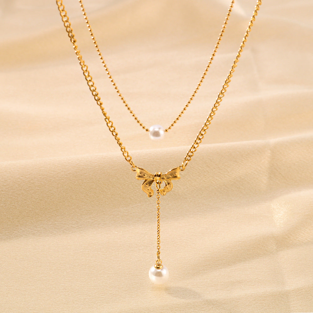 Vintage French Bow Double Layer Necklace with Pearl Pendant in Titanium Steel with 18K Vacuum Plating on O-Chain for Women
